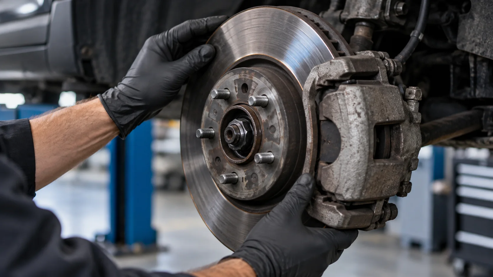 Illustrative close-up of gloved hands inspecting a brake assembly