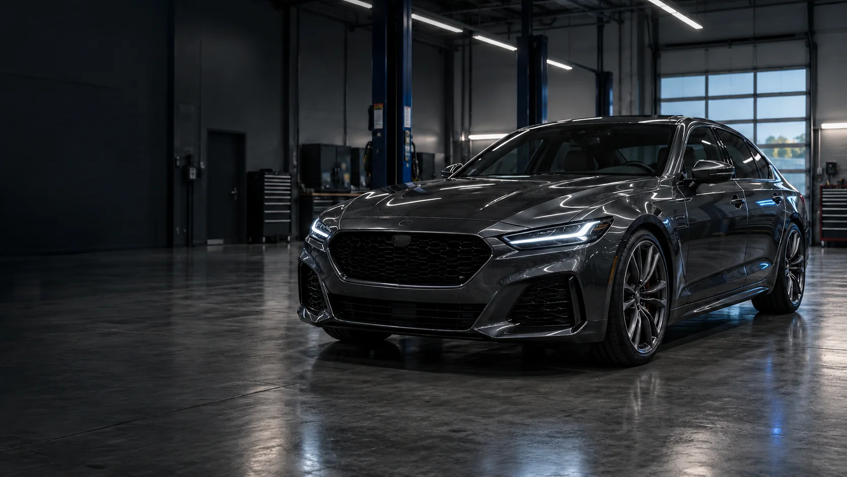 Illustrative graphite sedan in an automotive workshop